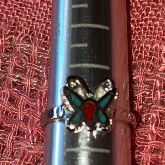 Jewelry - Silver Butterfly Ring with Red and Green Enamel- Size 4.